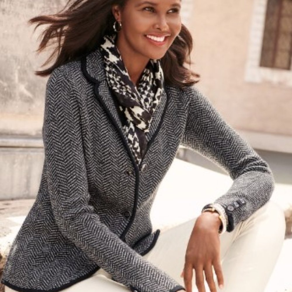 Talbots Herringbone Sweater Blazer in Gray Merino Wool, Medium